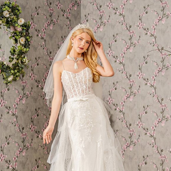 NEW LONG WEDDING SLEEVELESS MERMAID MESH DRESS EMBROIDERED WITH SEQUINS GL3425 - Picture 3 of 12